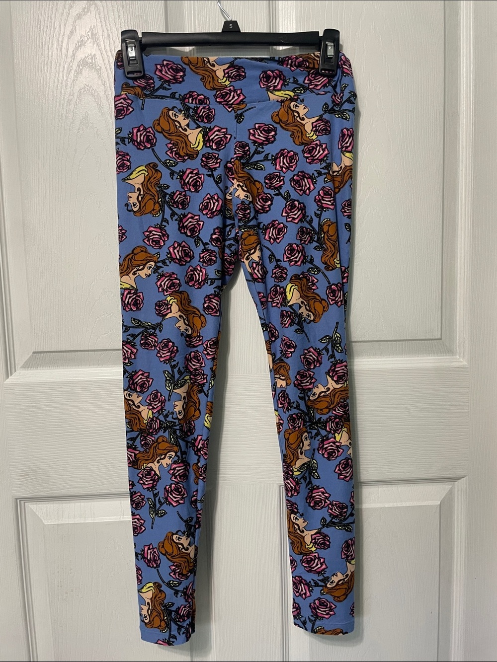 LuLaRoe Blue Leggings with Pink Rose & Brown Character Print